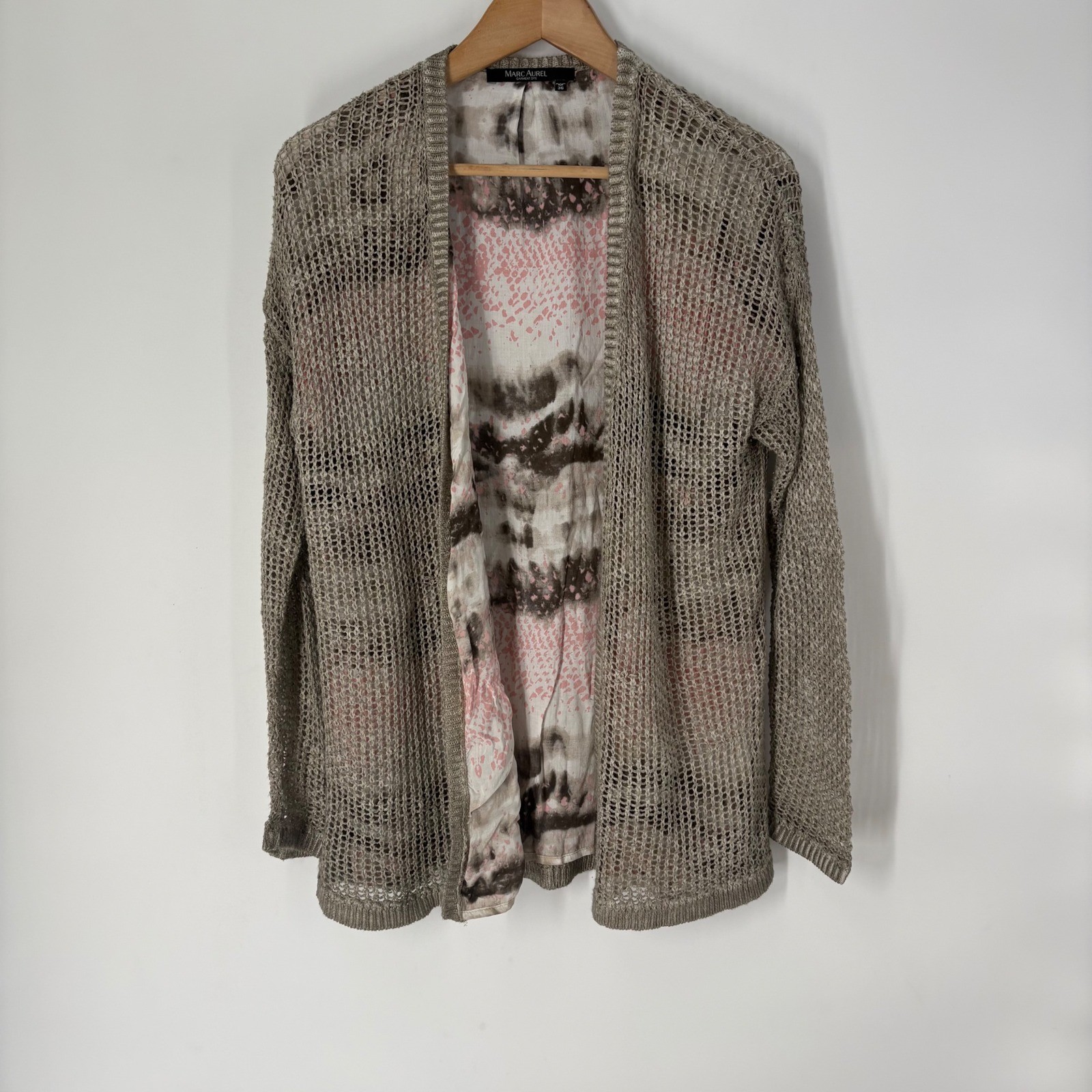 Marc Aurel Linen Cotton Open Knit Mesh Cardigan Taupe Pink Layered EU 36