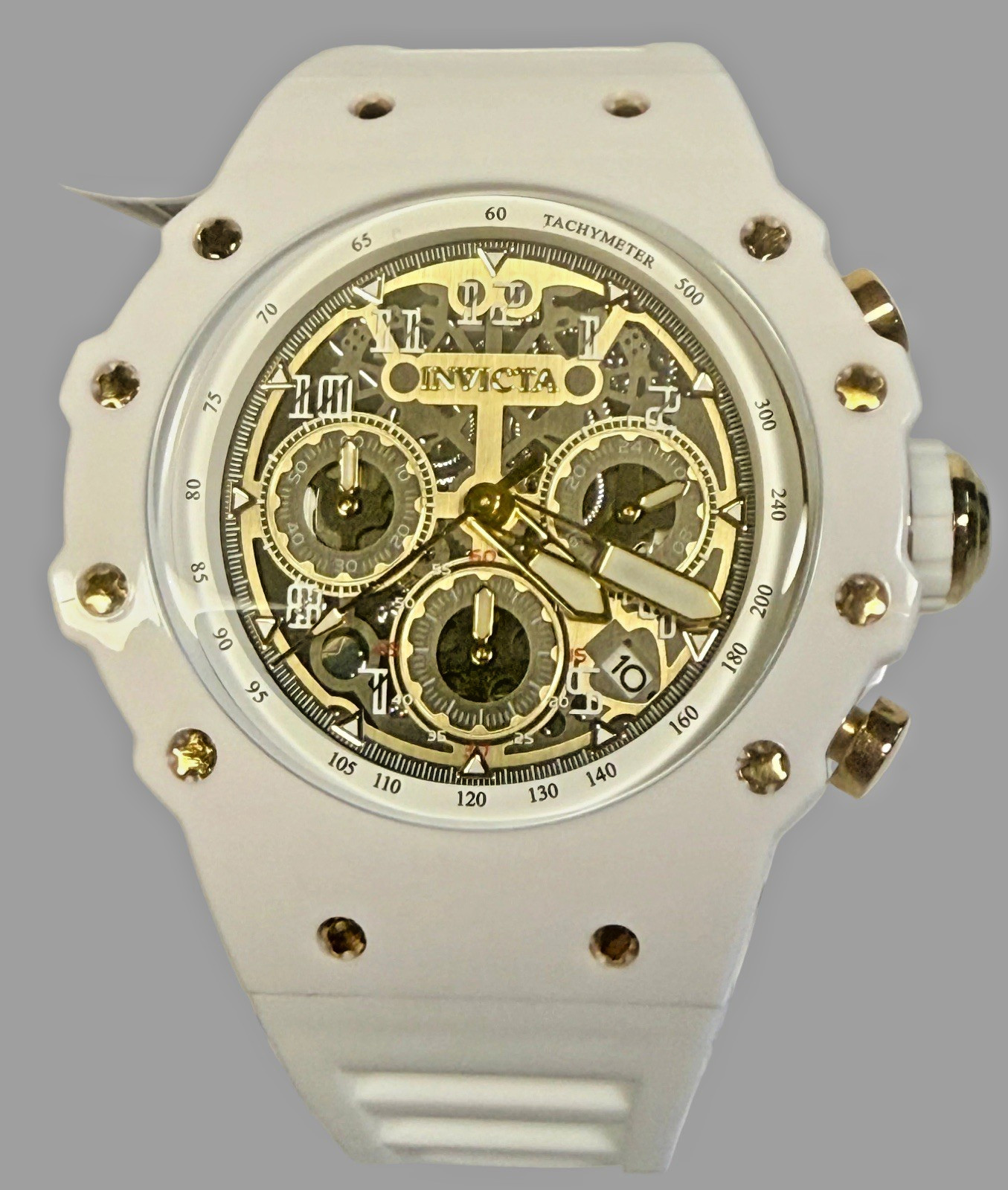 Invicta Men\'s Racing 43.5mm Quartz Watch IN-69649 Gold Dial White Silicone Strap