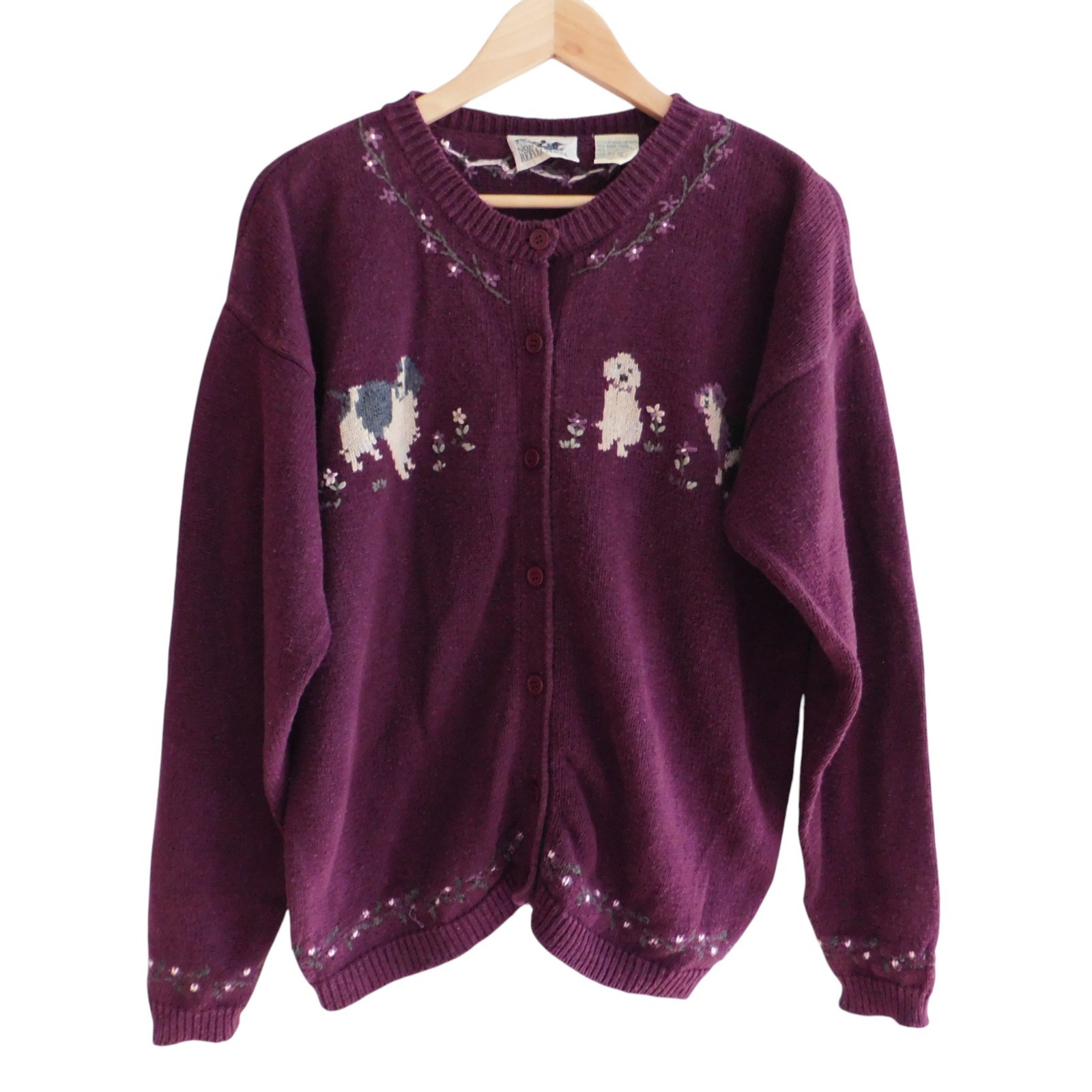 Vtg Northern Reflections Women\'s Grannycore Dog Sweater Cardigan Purple Sz Large