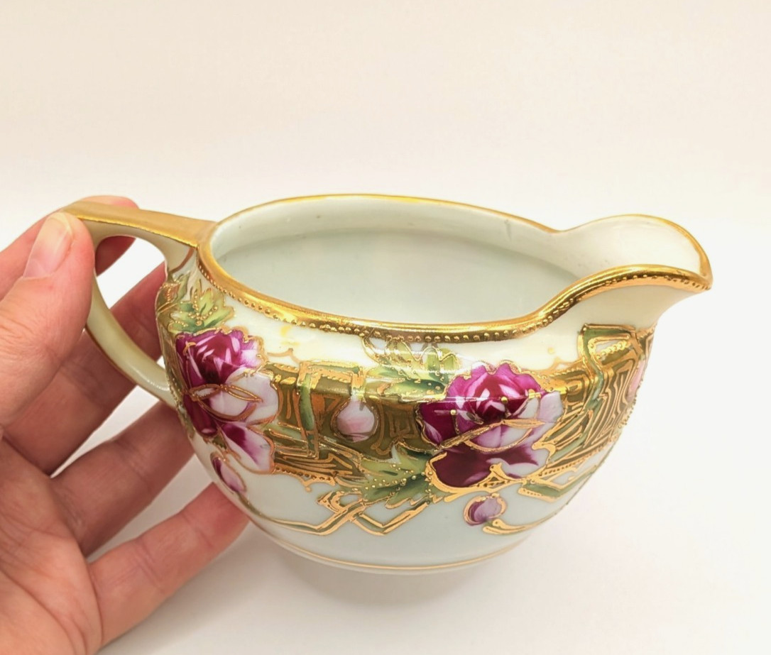 Antique Nippon Creamer Heavy Gold Moriage Pink Roses Hand Painted Porcelain Jap
