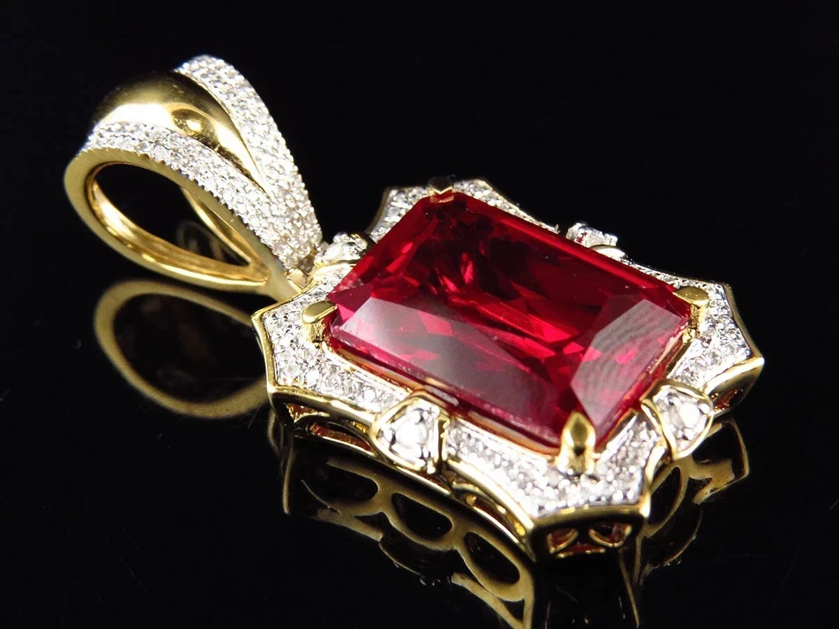 3.2CT Emerald Cut Lab Created Red Ruby Men Pendant 14K Yellow Gold Finish Silver