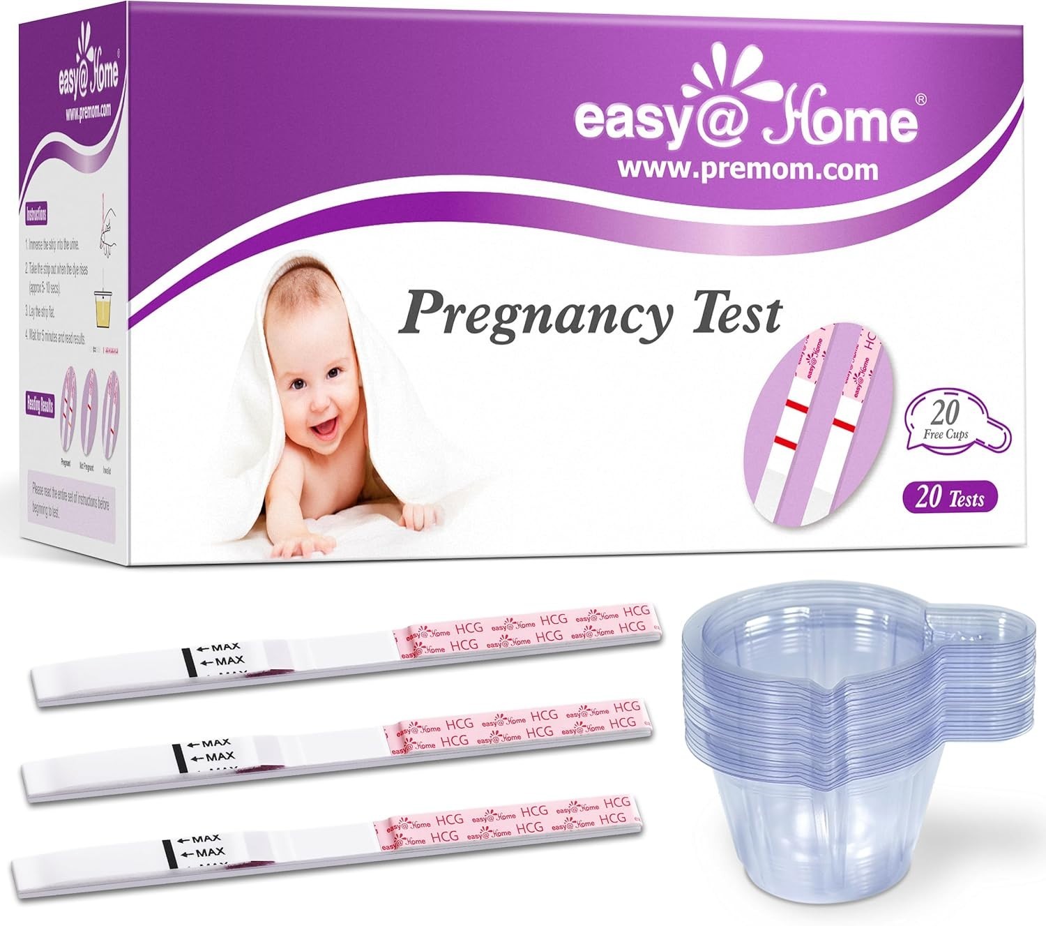Easy@Home 20 Pregnancy Test Strips + 20 Cups | Early Detection HCG Kit