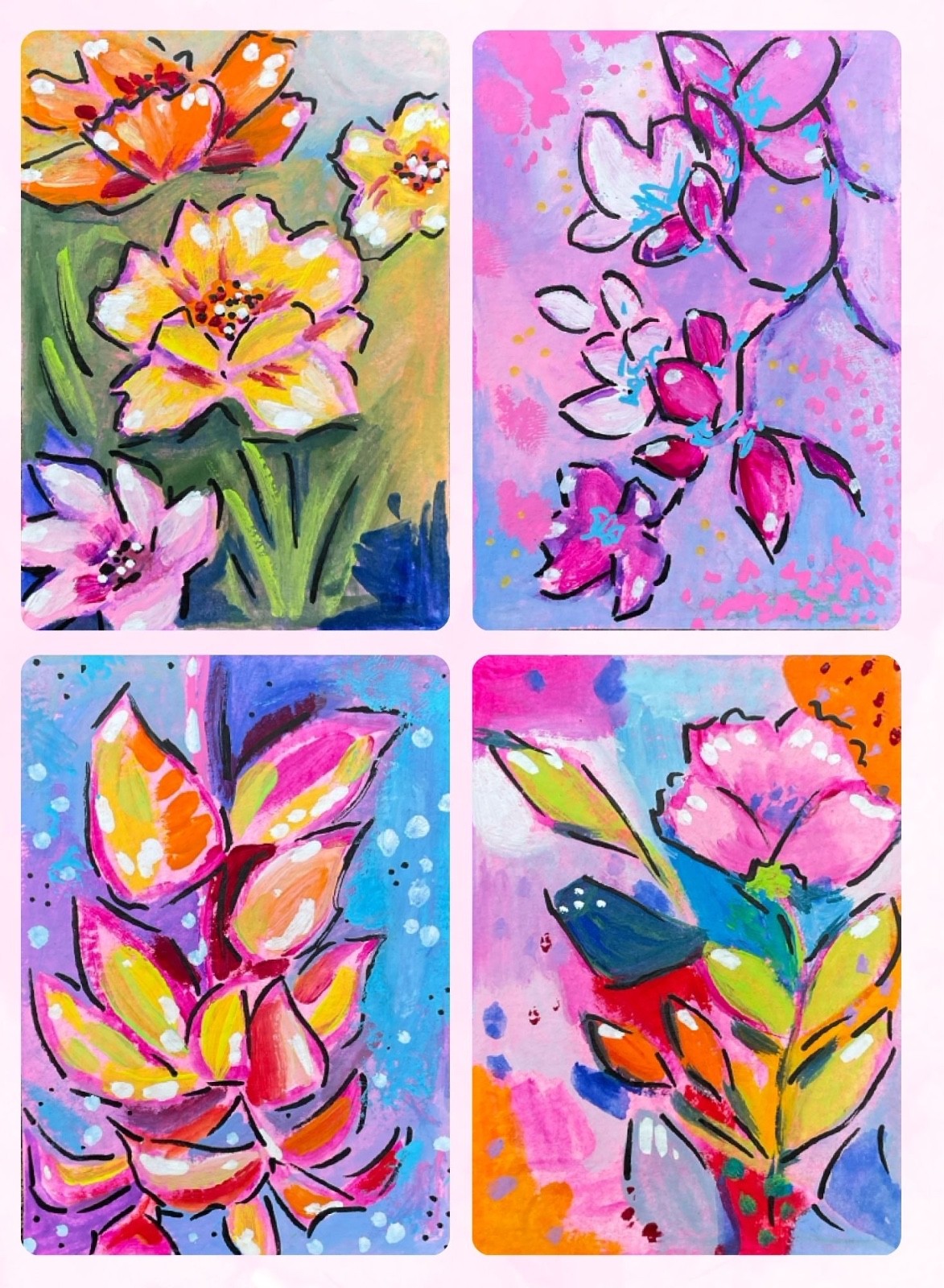 ACEO Art Card PRINTS Set of 4 Hand Painted Acrylic Original 3.5inx2.5in
