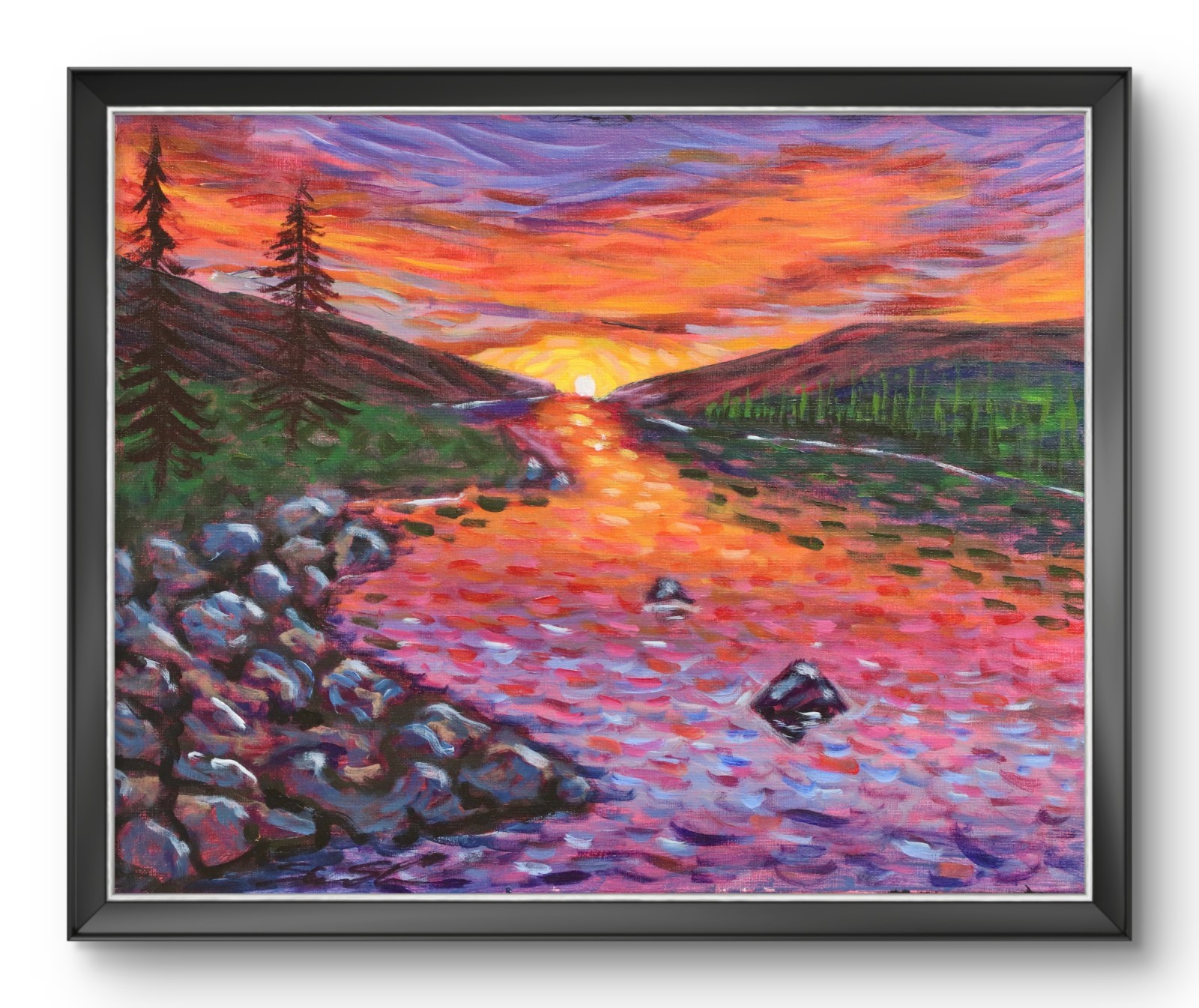 ShawNshawN Original River Painting on Canvas 16x20 Sunset Impressionist Art