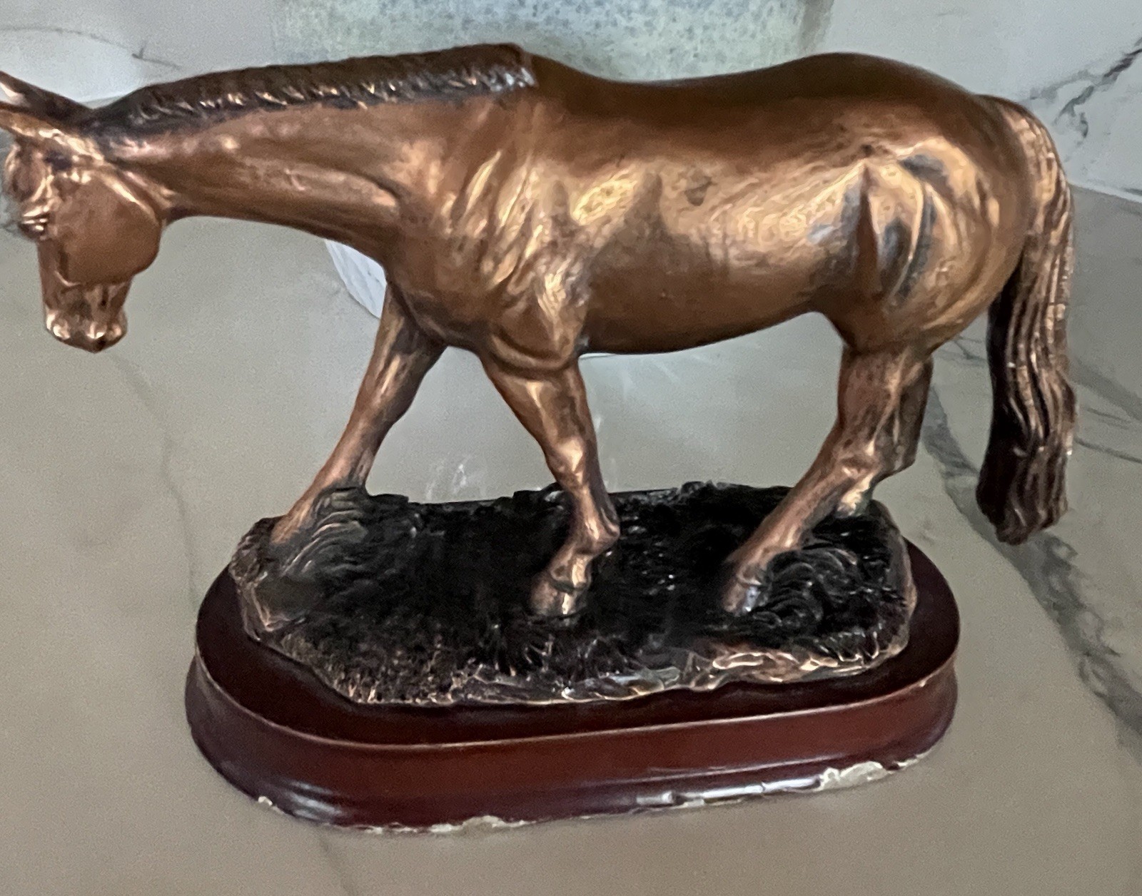 Vintage Bronze Horse Statue Wood Base