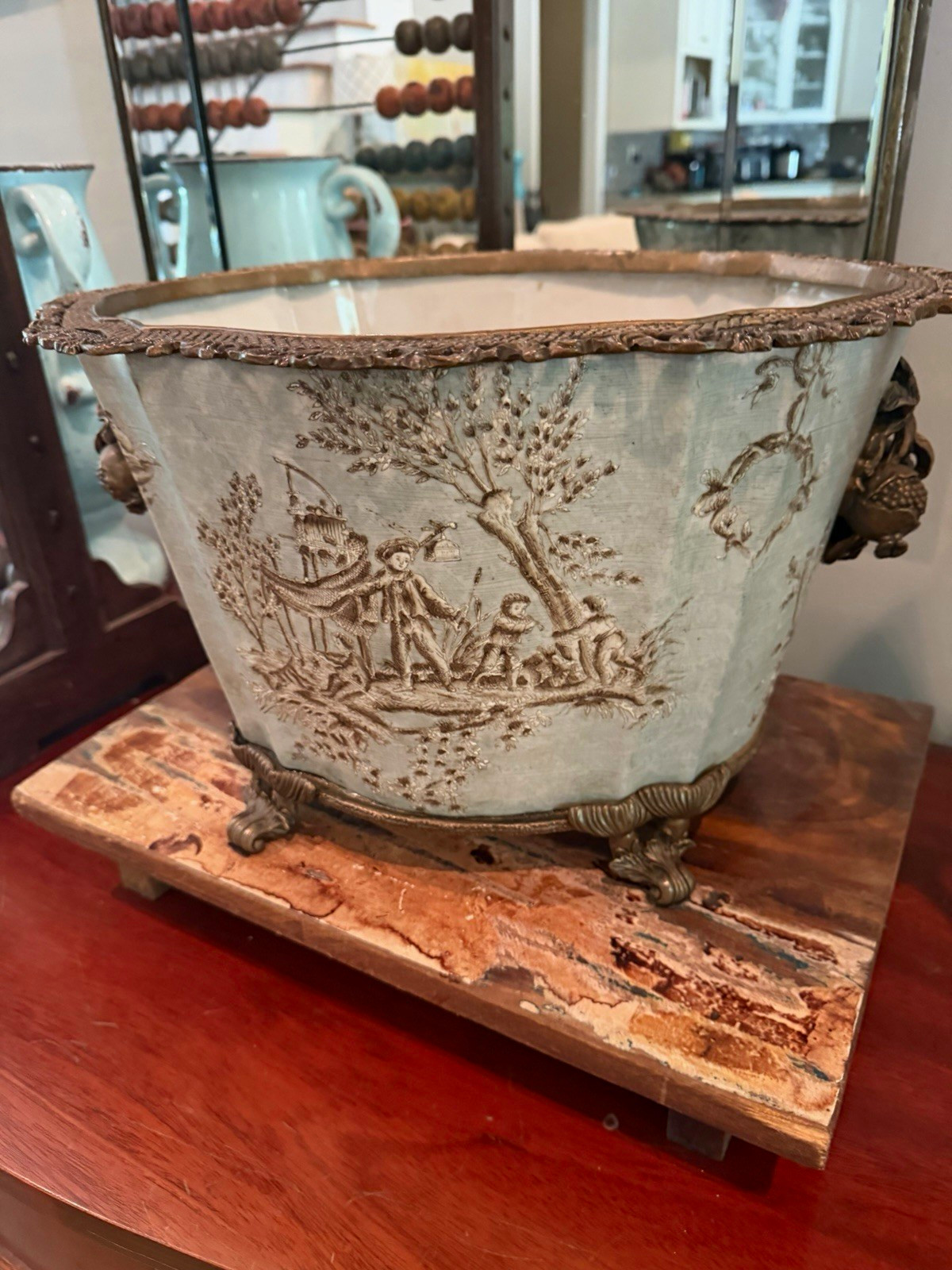 16” Rare Find Rect Chinoiserie Footbath/Planter w/ Bronze Rim & Feet