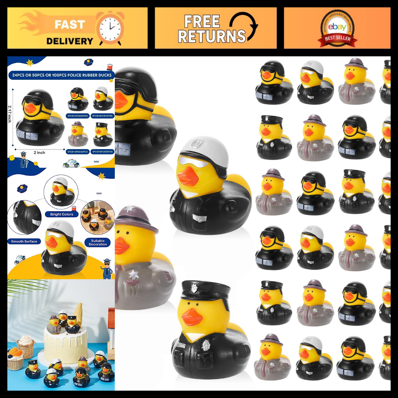 24 Pcs Police Rubber Ducks - 2 Inch Party Favors, Fun Bath Toys for Kids