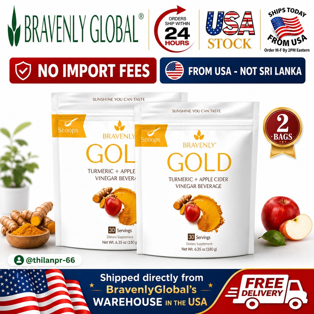 Bravenly Global Gold Turmeric Sticks inflammation 60 Servings total - 2 bags🔥