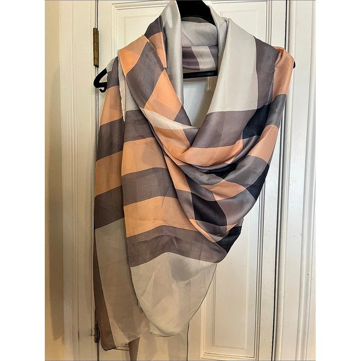 100% Mulberry Silk Scarf Luxury Plaid Check Wrap Peach Grey Beige 100% Mulberry Silk Scarf Luxury Plaid Check Wrap Peach Grey Beige