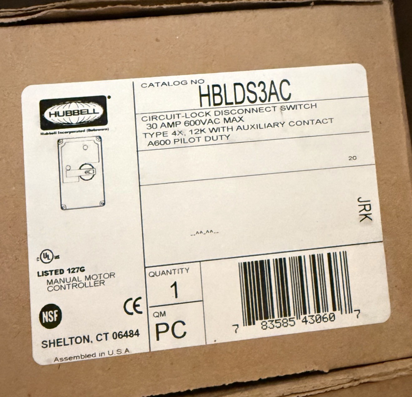 ⭐NEW IN BOX⭐HUBBELL HBLDS3AC CIRCUIT LOCK 30-Amp DISCONNECT SWITCH 600V 30A
