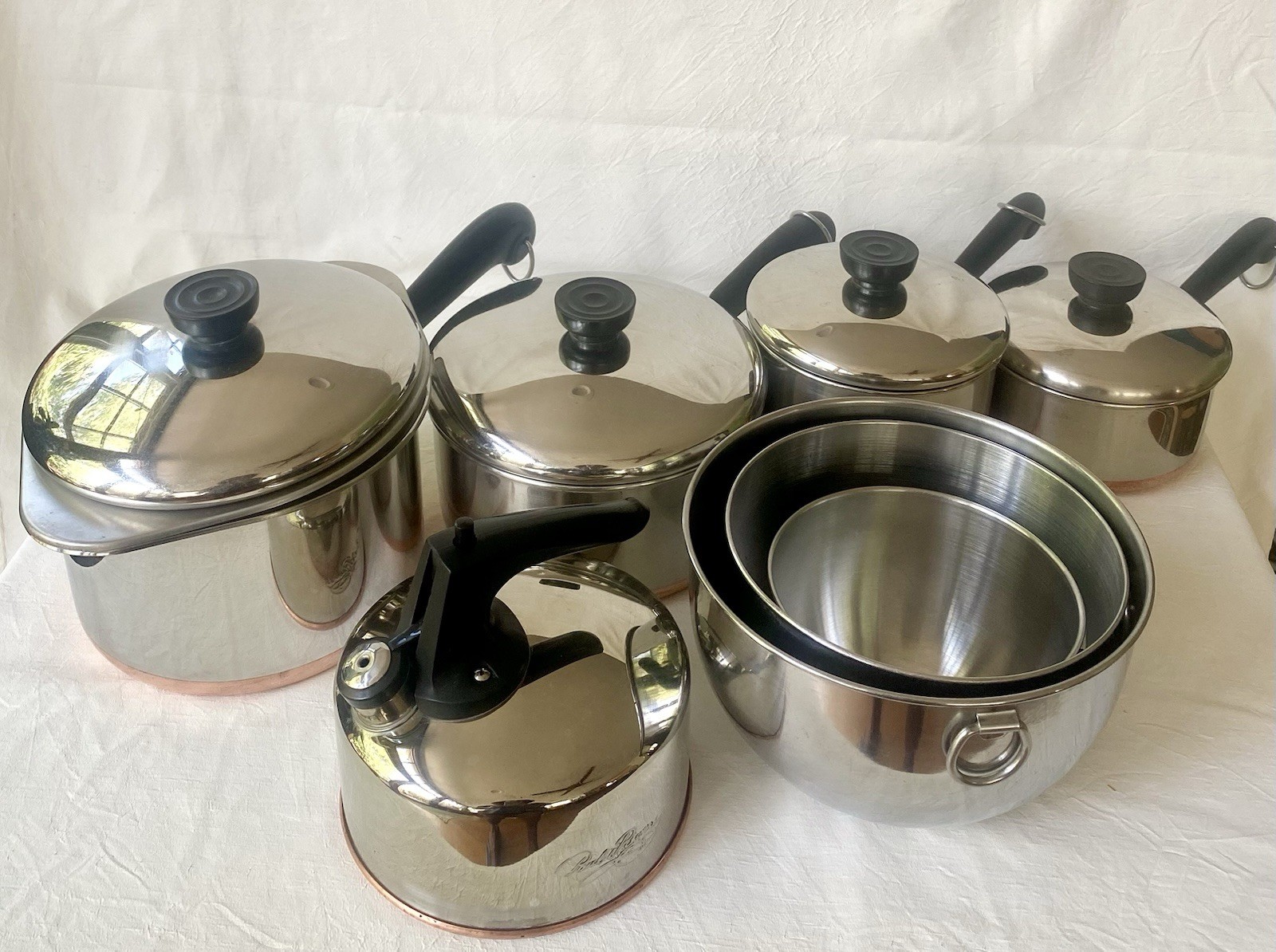 VTG  Revere Ware Copper Bottom 14Pc Set Pots Pans Lids Bowls Kettle Inserts USA