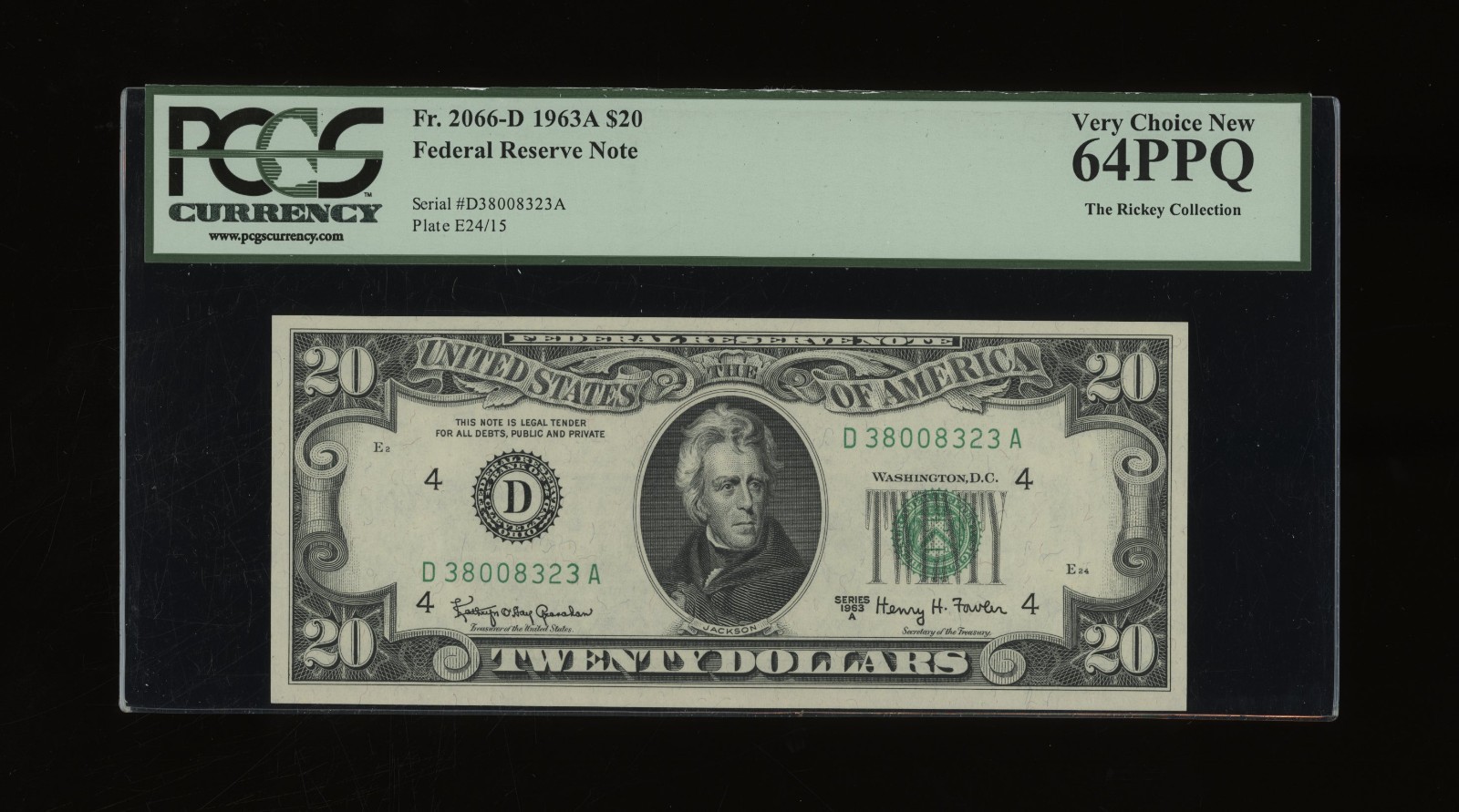 DBR 1963-A $20 FRN Cleveland Fr. 2066-D PCGS 64 PPQ Serial D38008323A