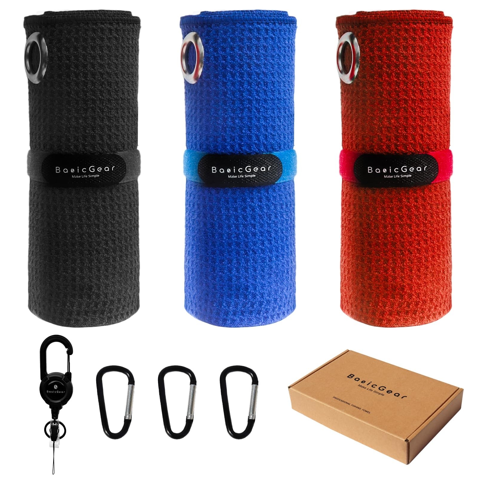 BasicGear Fishing Towel, 3 Pack, 16x16 in, Black/Red/Blue