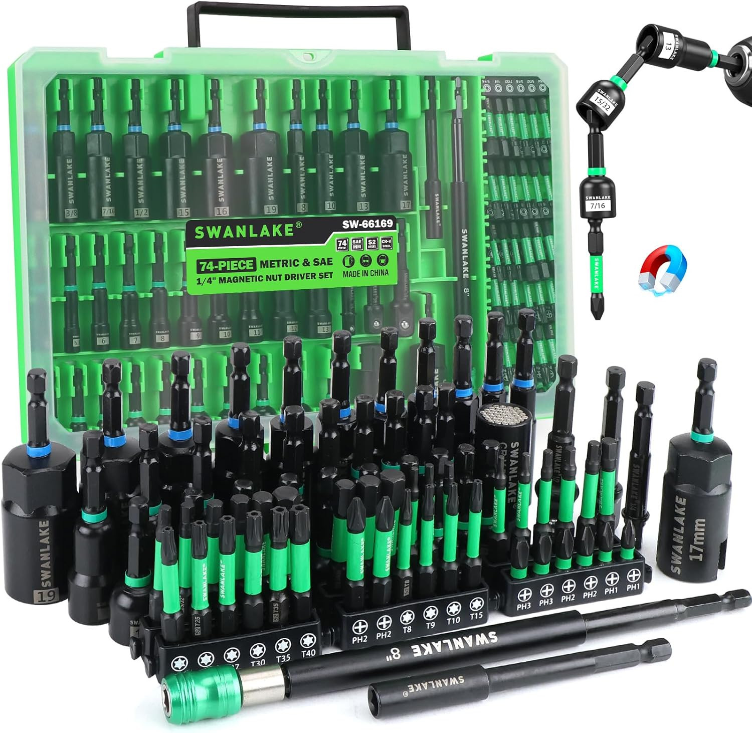 74-Piece Magnetic Nut Driver Set for Impact Drill Metric & SAE, Impact Socket Ad