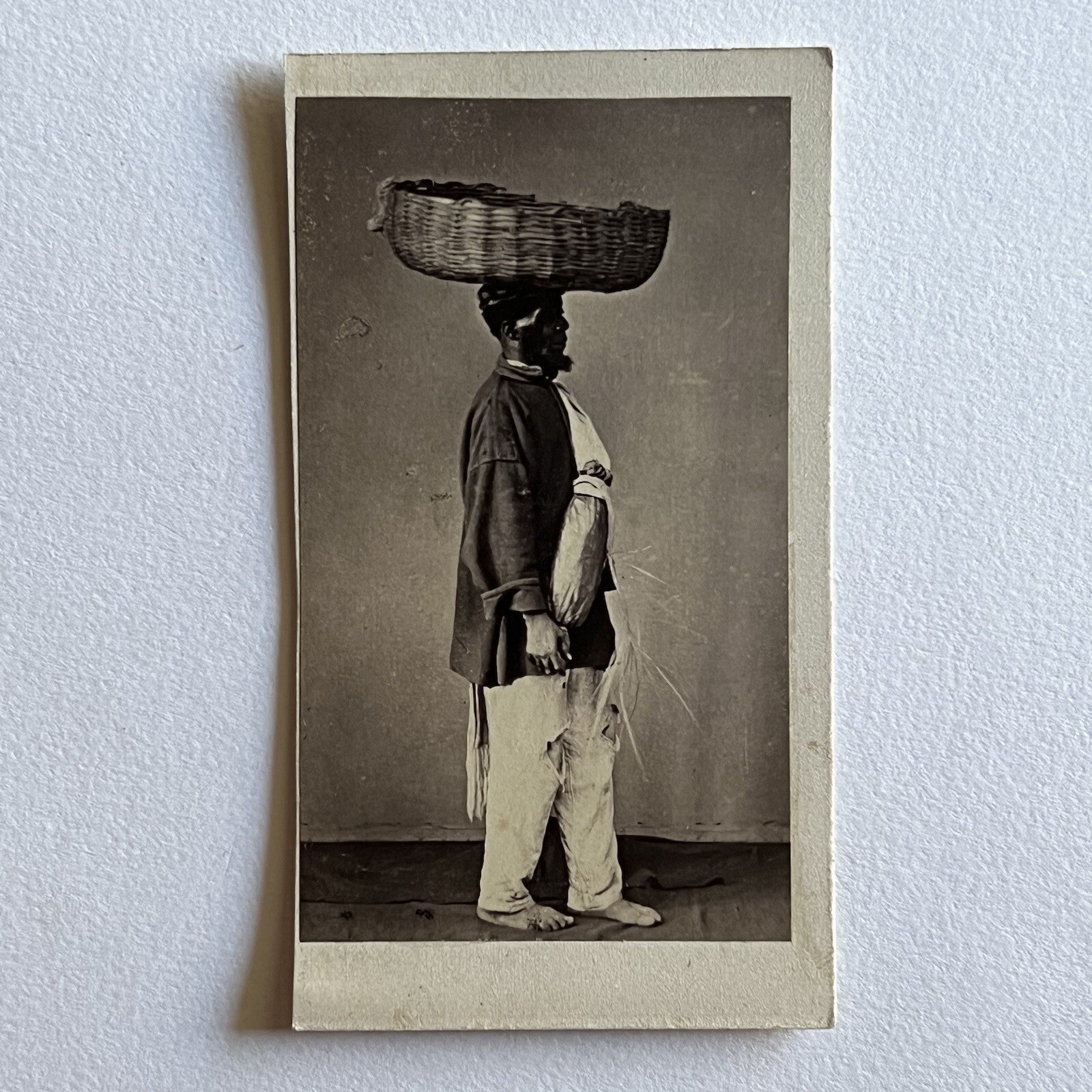Antique CDV Photograph Black African Man Basket Slavery Rio De Janeiro Brazil