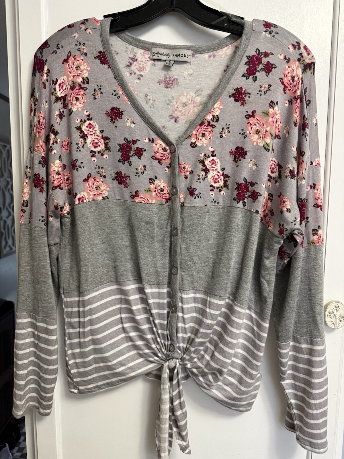 Absolutely Famous Women\'s Small Floral Striped Tie Front Button Up Blouse
