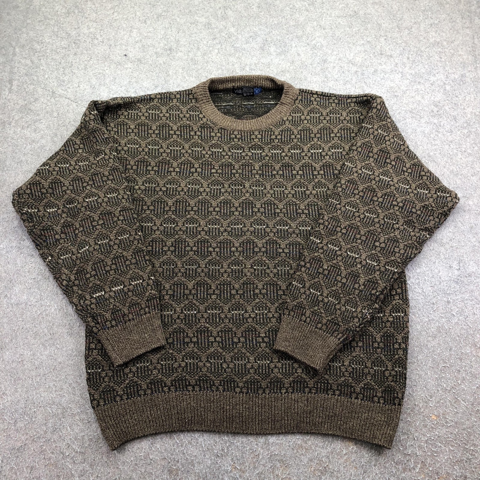 Vintage Via Torino Sweater Mens Large Brown Geometric Knit Crewneck Grandpa