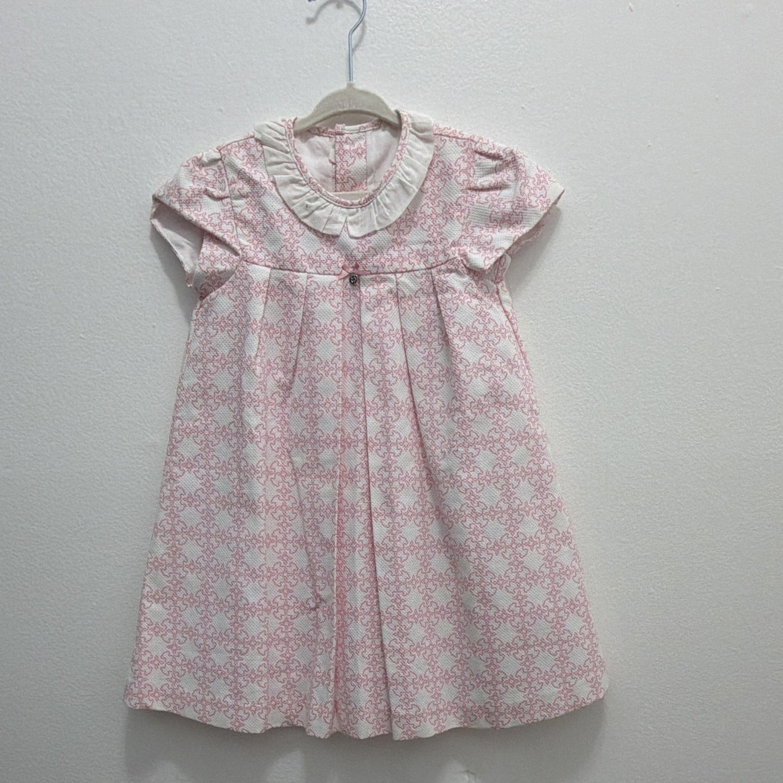 Tous Girls Pink/White Piqué Geometric A-Line Dress 4T Lined Bow Bear Cap Sleeve