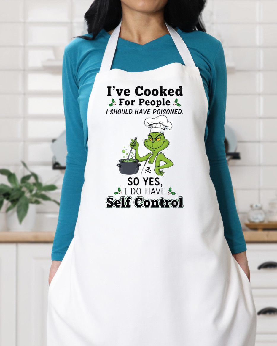 Handmade White Unisex Apron W/Pockets-Christmas-Grinch-Humor-Kitchen-Gift