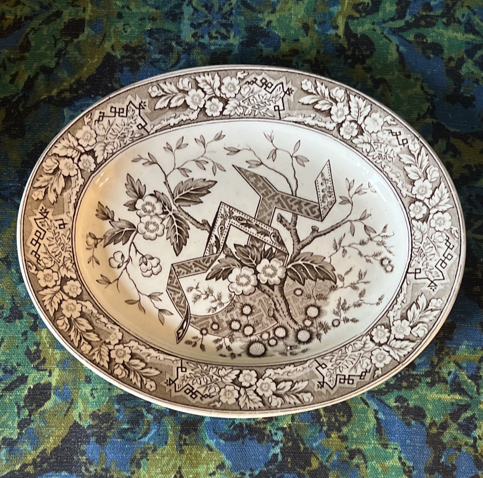 Wedgwood Beatrice Brown White Floral Transferware Oval Ceramic Plate Printed