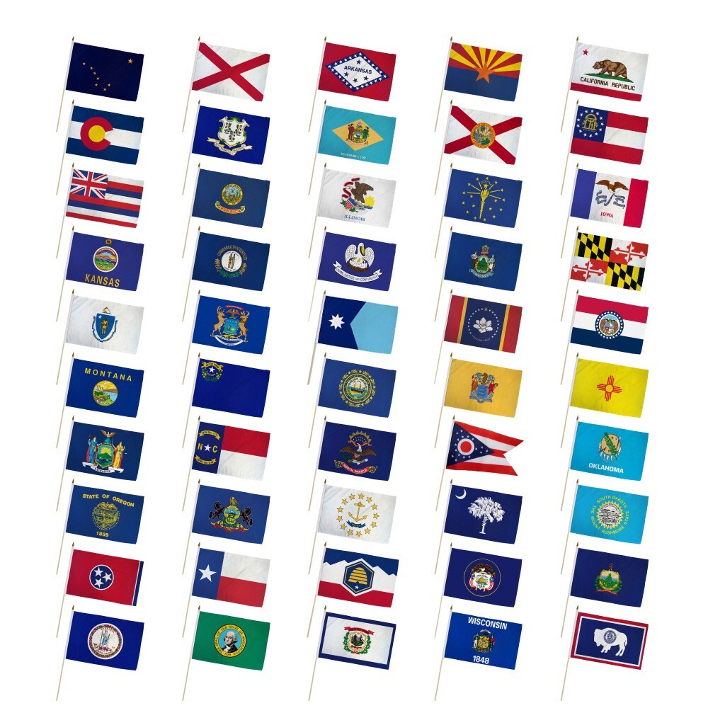 Set of 50 State 12x18in American USA States Handheld Stick Flags for Classrooms