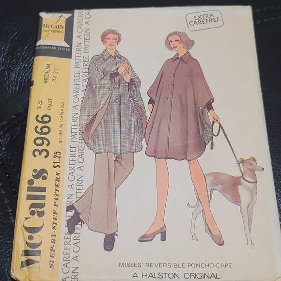 Vintage 1970s McCalls 3966 Halston Original Reversible Poncho Cape Pattern Uncut