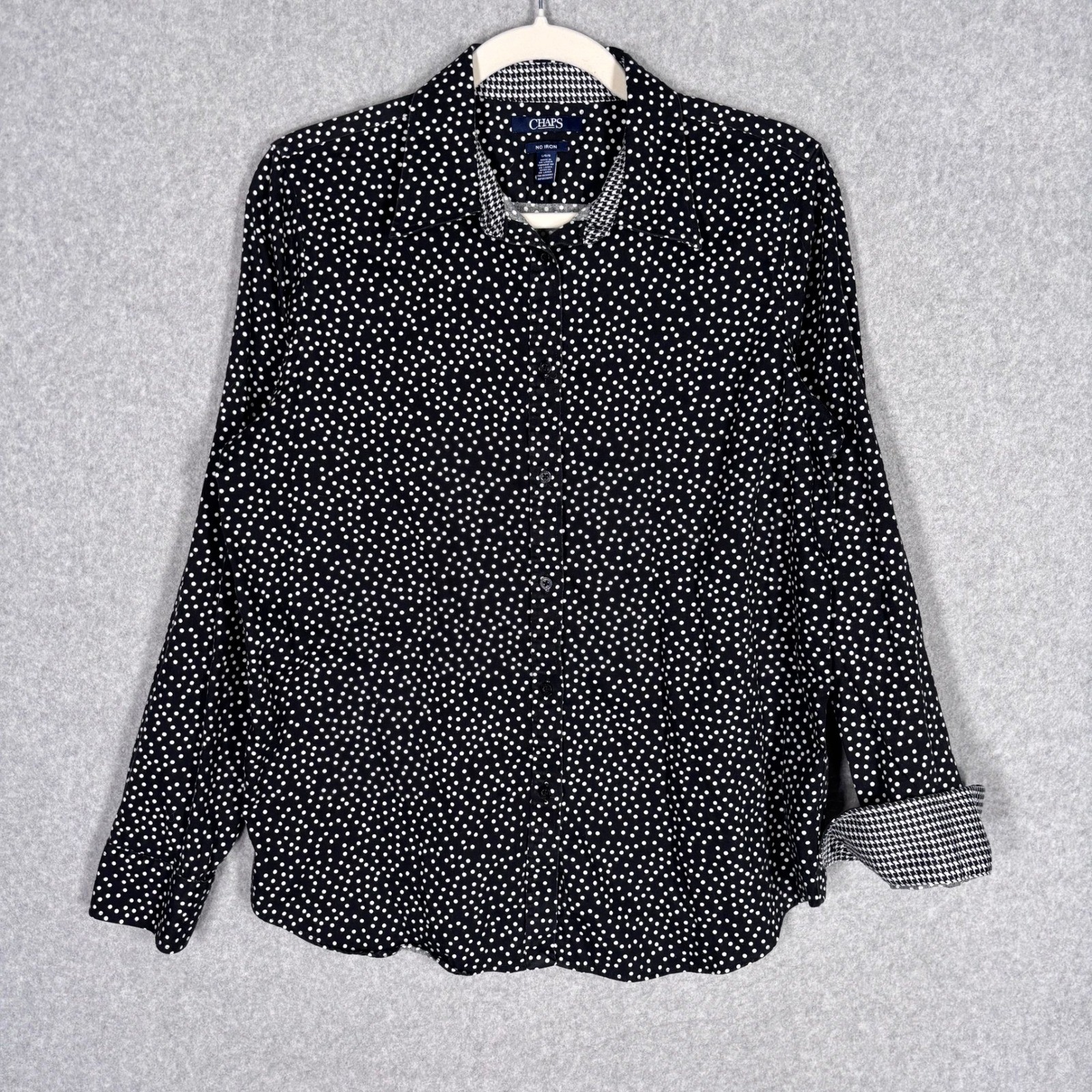 Chaps No Iron Cotton Button Down Shirt Large Black White Polka Dot Houndstooth