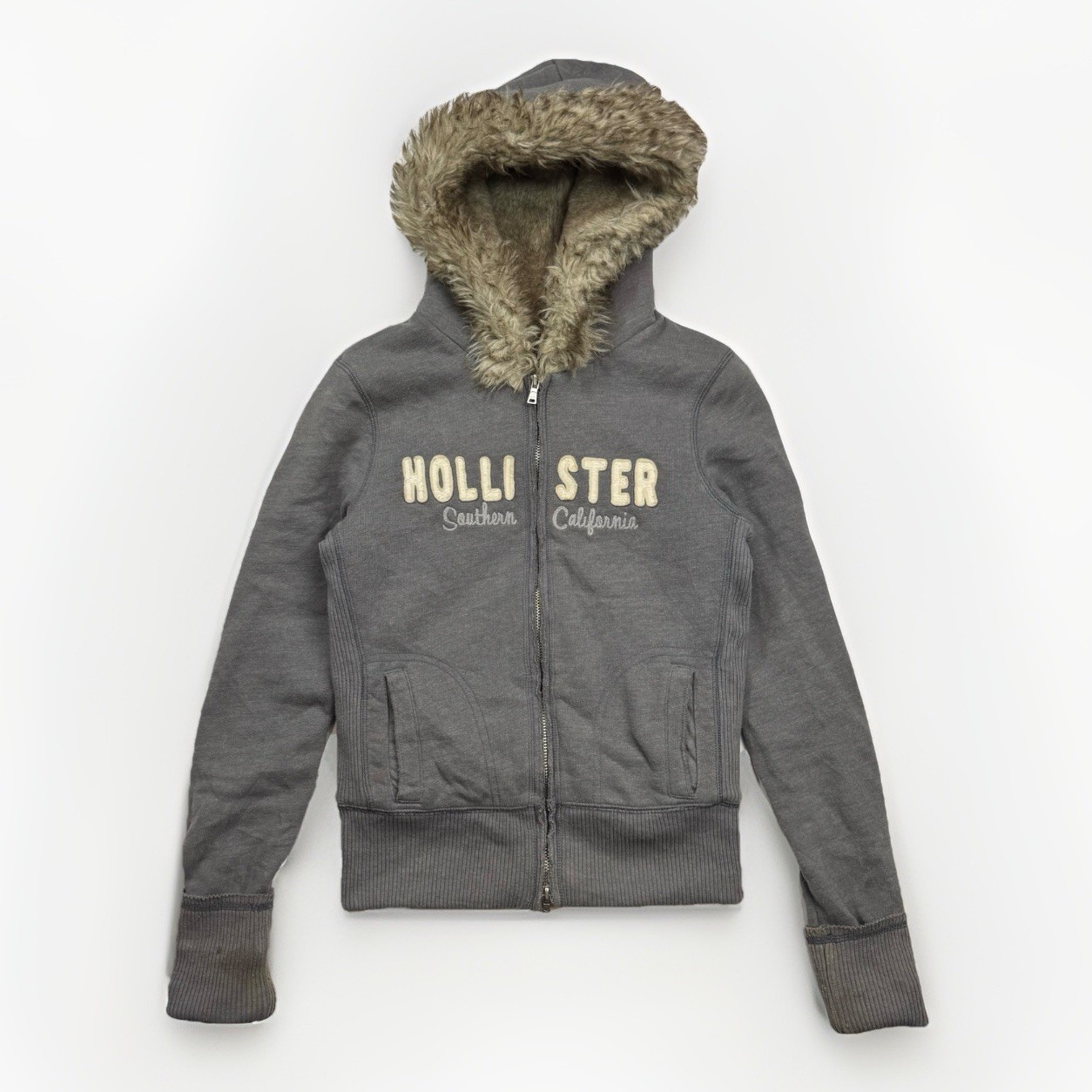 Y2K Hollister Fur Full Zip Up Grey Hoodie Women\'s Size Medium Winter Sweatshirt