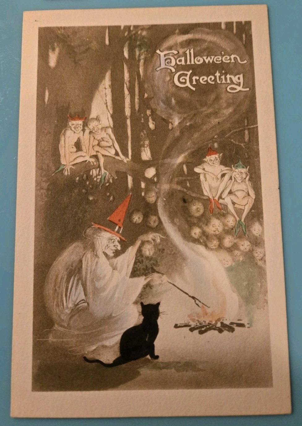 Gibson Handcolored Halloween Postcard With Witch Fire Black Cat And Goblins