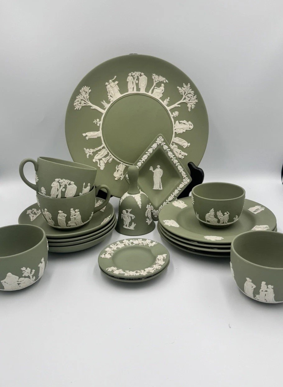 17pc Vintage Wedgwood Sage Green Jasperware Set Collection - Excellent Condition