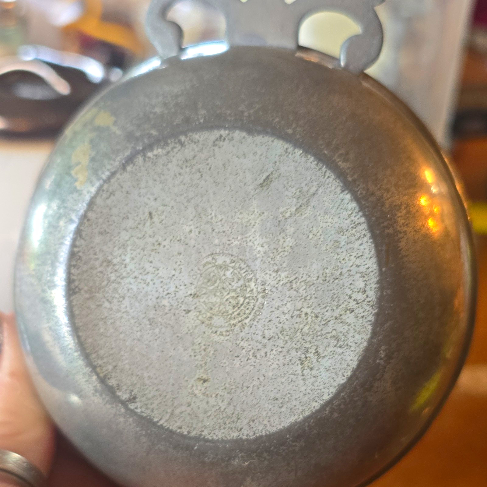 Pewter Porringer Bowl Gray Pewter-Tone Metal Dish with Ornate Handle Pewter Porringer Bowl Gray Pewter-Tone Metal Dish with Ornate Handle
