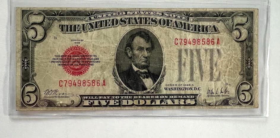 1928-A $5 five dollars United States Note red seal FR-1526 Woods-Mills signature