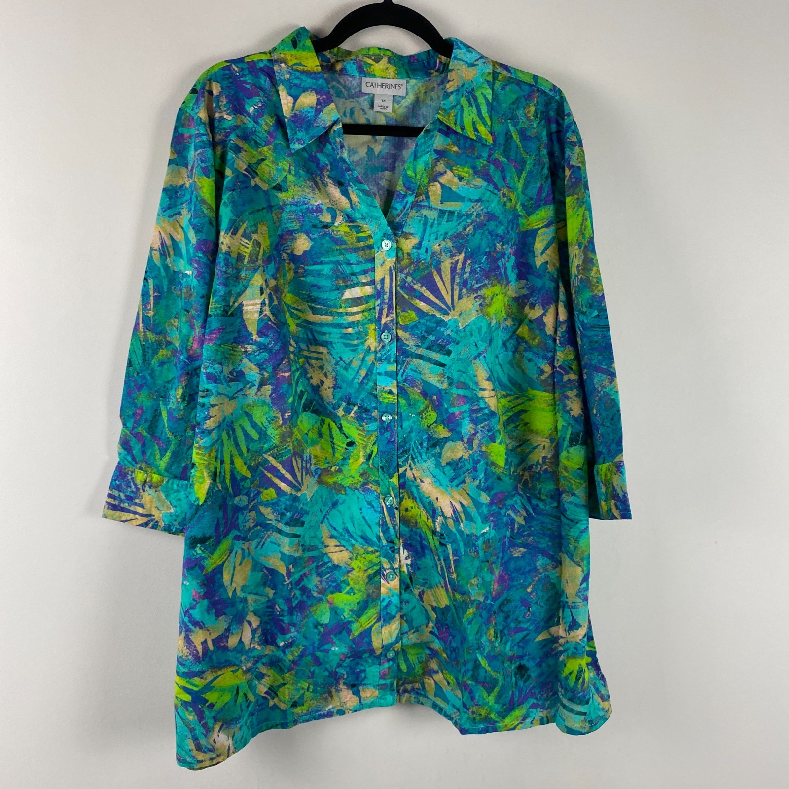 Catherines Button Up Shirt Size 1X Lightweight Cotton 3/4 Sleeves Blue Green