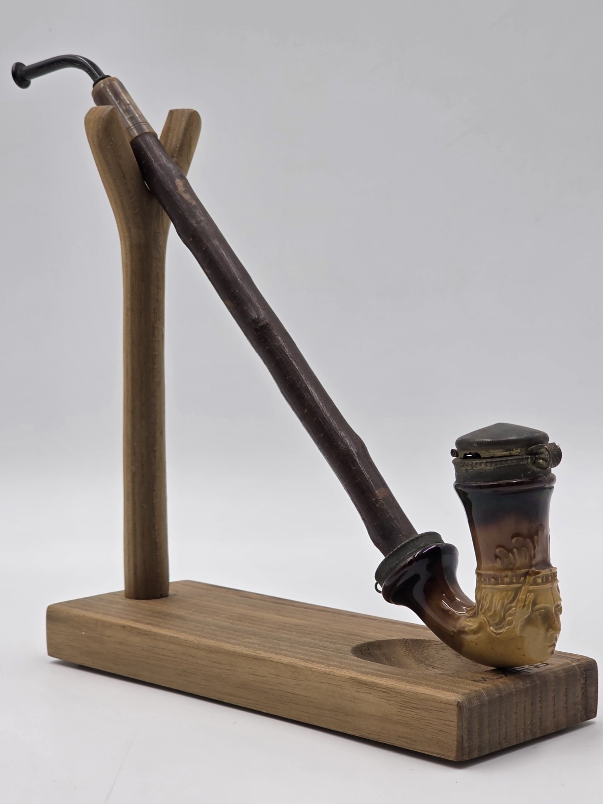 Antique C1890 German Figural Ceramic Tobacco Pipe Long Wood Stem Hinged Wind Cap Antique C1890 German Figural Ceramic Tobacco Pipe Long Wood Stem Hinged Wind Cap