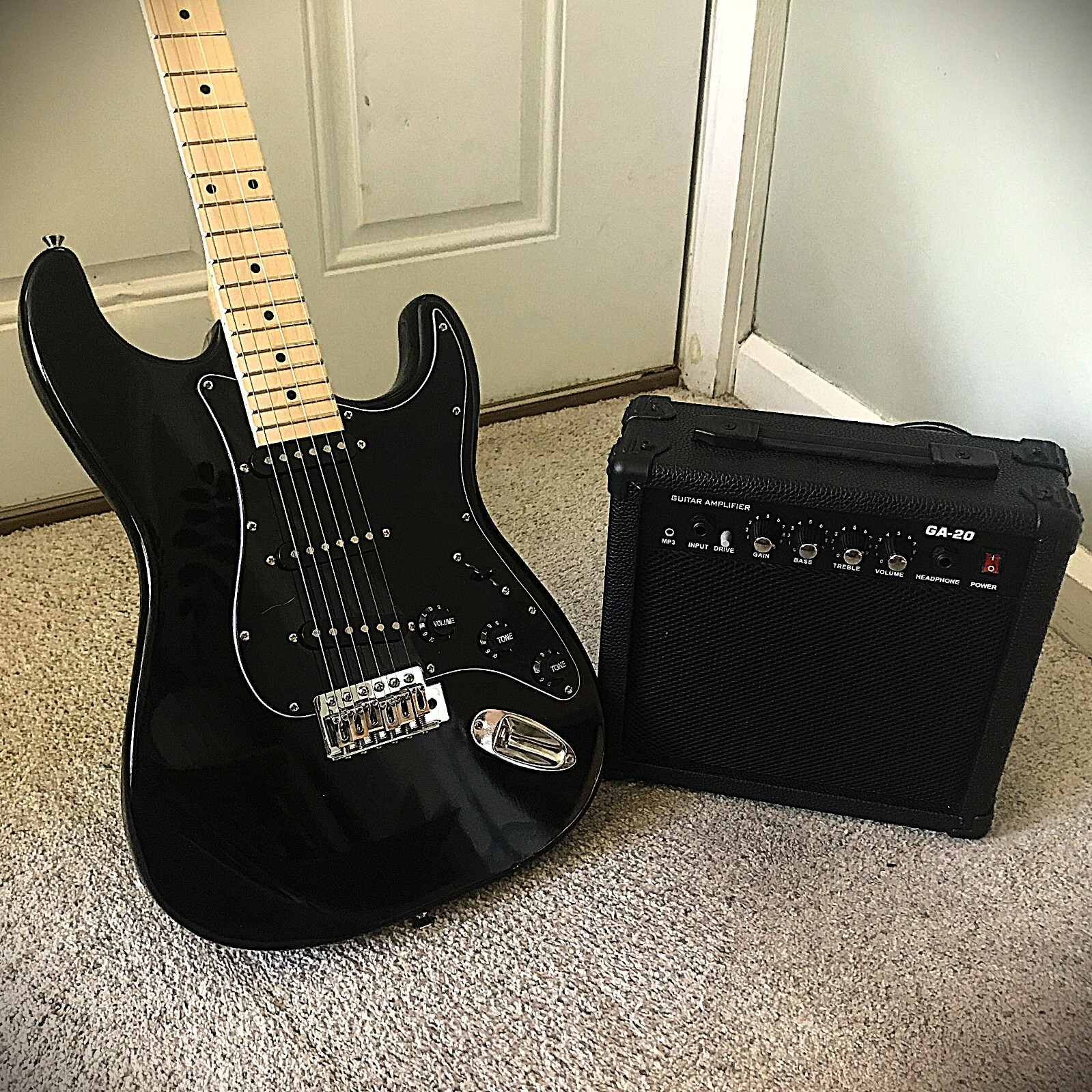Black Electric Guitar Starter Package (Full-Size) with 20-Watt Amp and Gig Bag