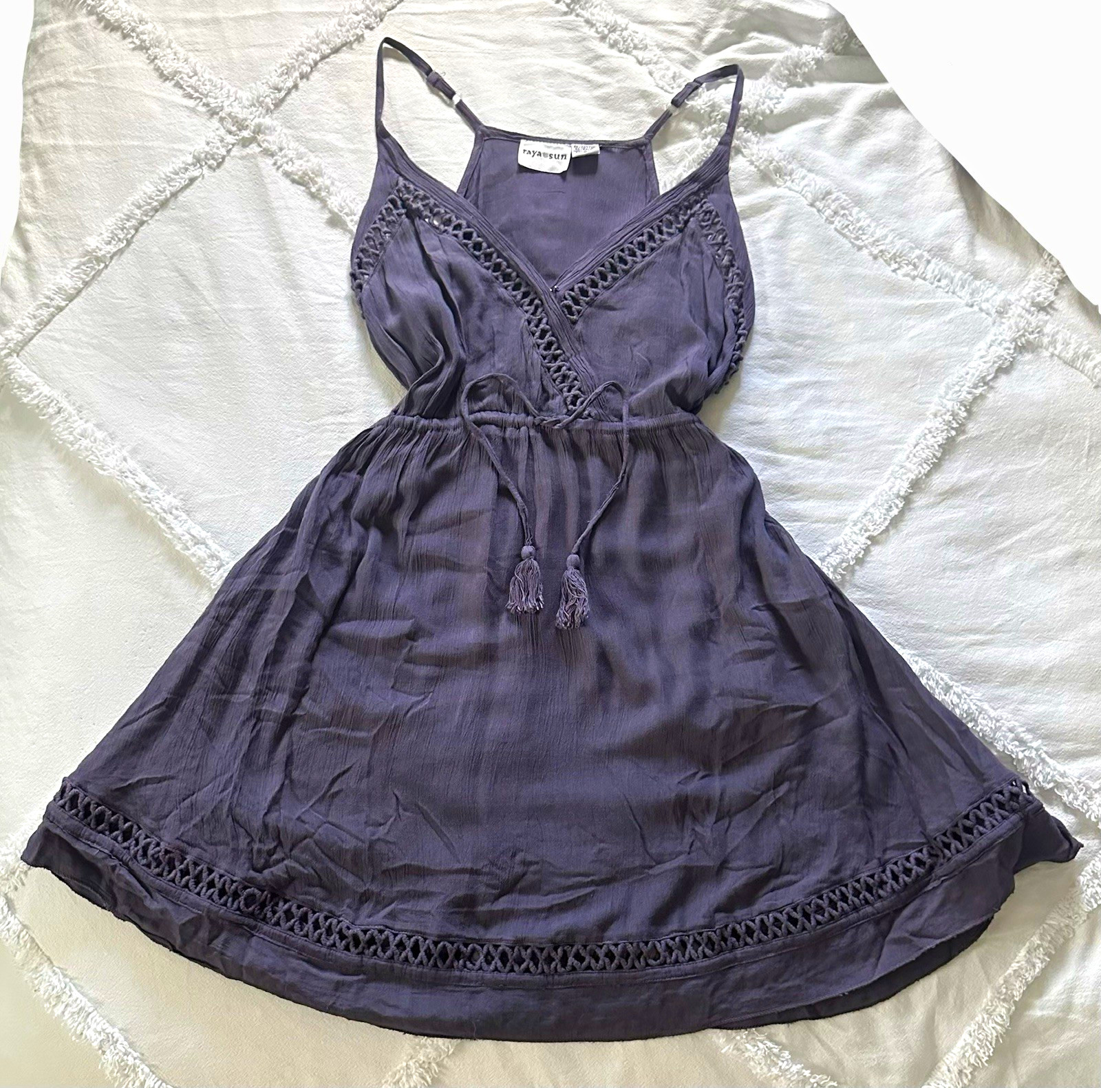 Purple Women’s Size M/L RayaSun Smocked Tie-Front Tassel Cotton Mini Dress