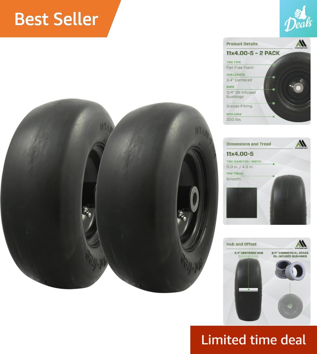 2-Pack Universal Fit Flat-Free 11x4.00-5 Tires with Adapter Kit for Lawn Mowers