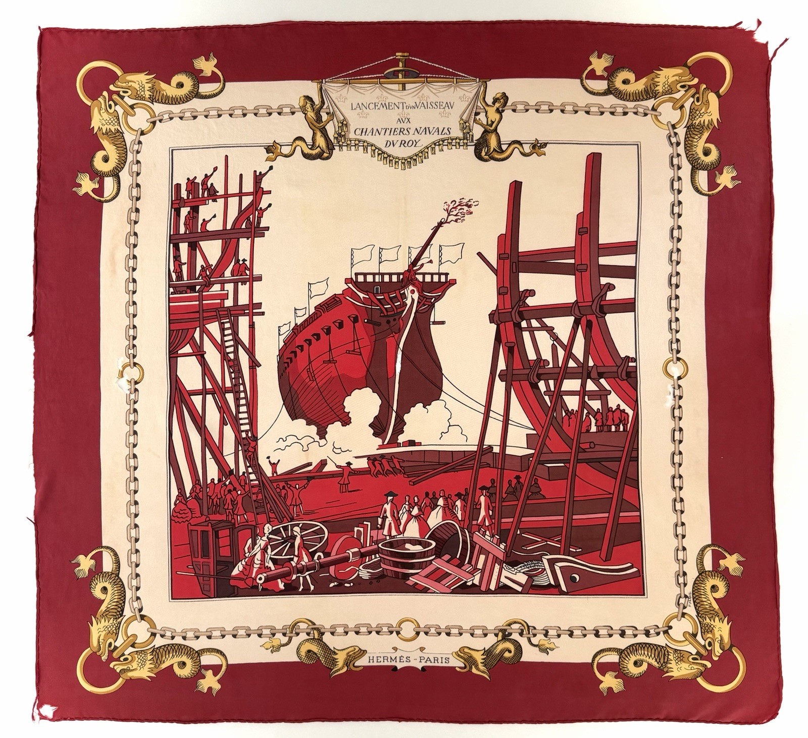 Hermes Silk Scarf Lancement d’un Vaisseau aux Chantiers Navals du Roy. 90cm.