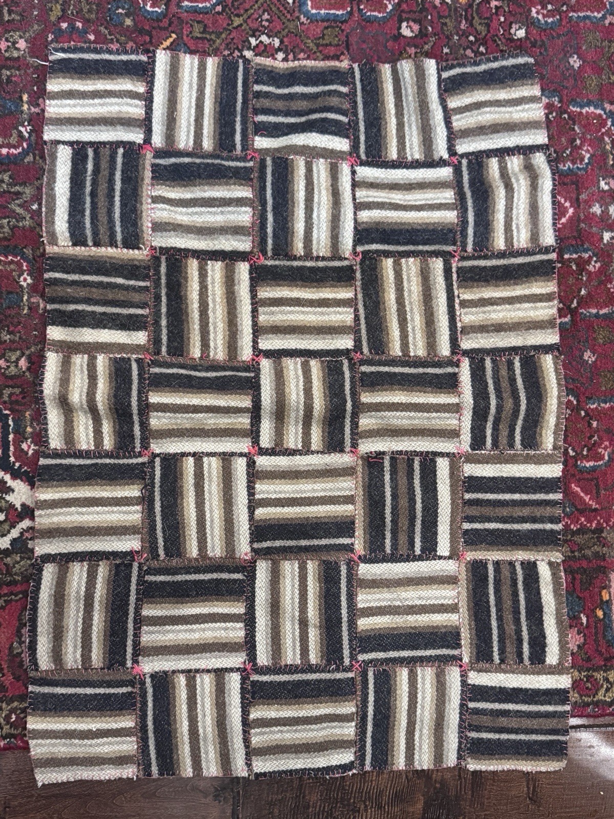 Vintage Primitive Folk Art Hand Stitched Wool Runner, Lap Quilt, Accent Decor