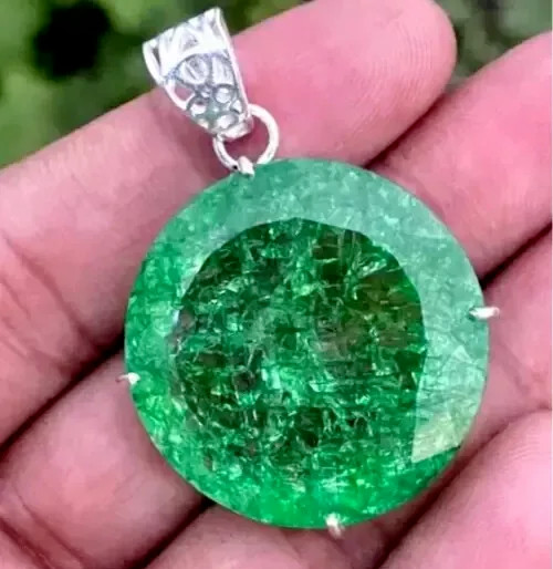 A+ Natural Certified 70 Ct Green Emerald 925 Solid Silver Pendant Loose Gemstone
