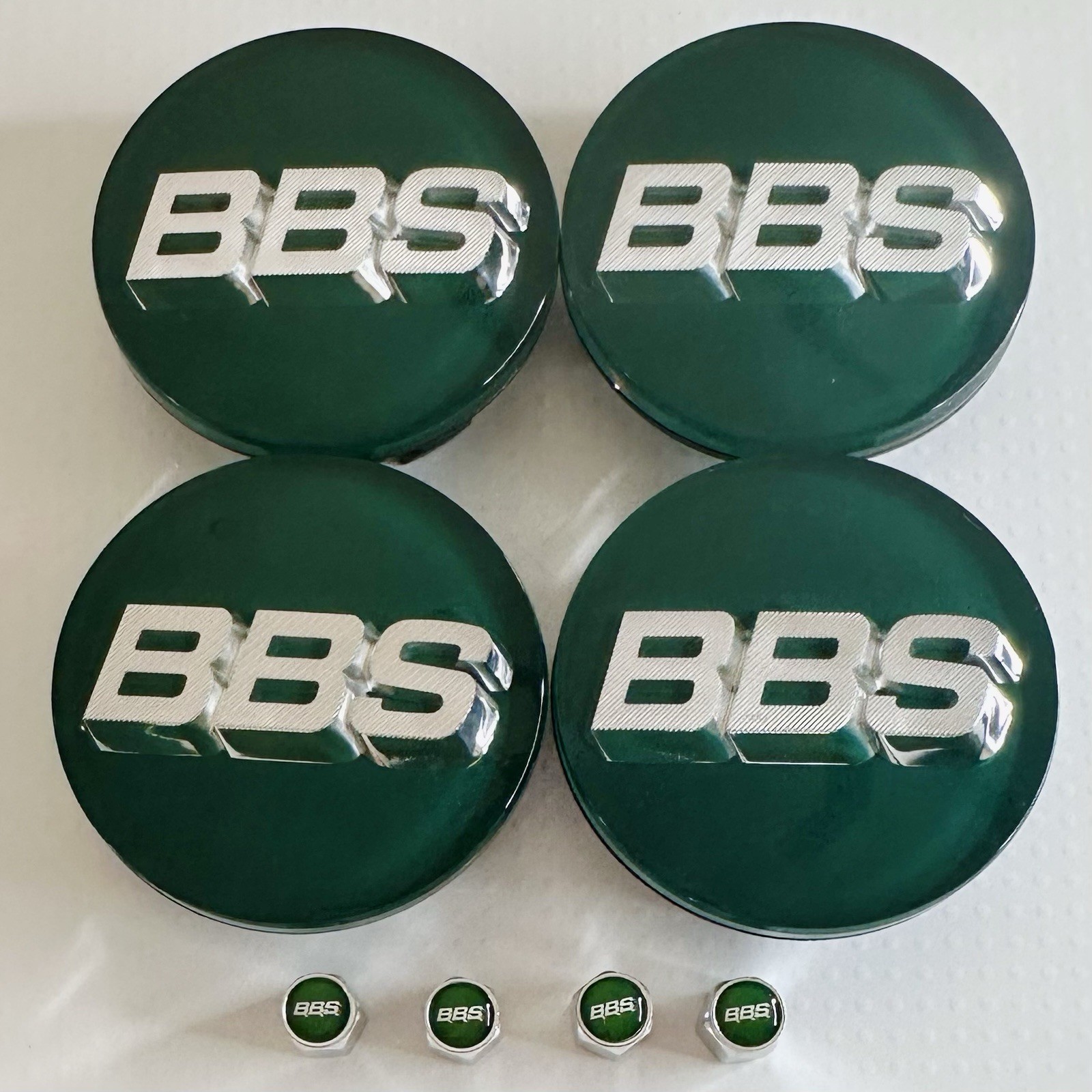 4pc 3D Silver Dark Green OEM BBS 70mm Center Caps 56.24.120 & 4 Chrome Valve Cap 4pc 3D Silver Dark Green OEM BBS 70mm Center Caps 56.24.120 & 4 Chrome Valve Cap