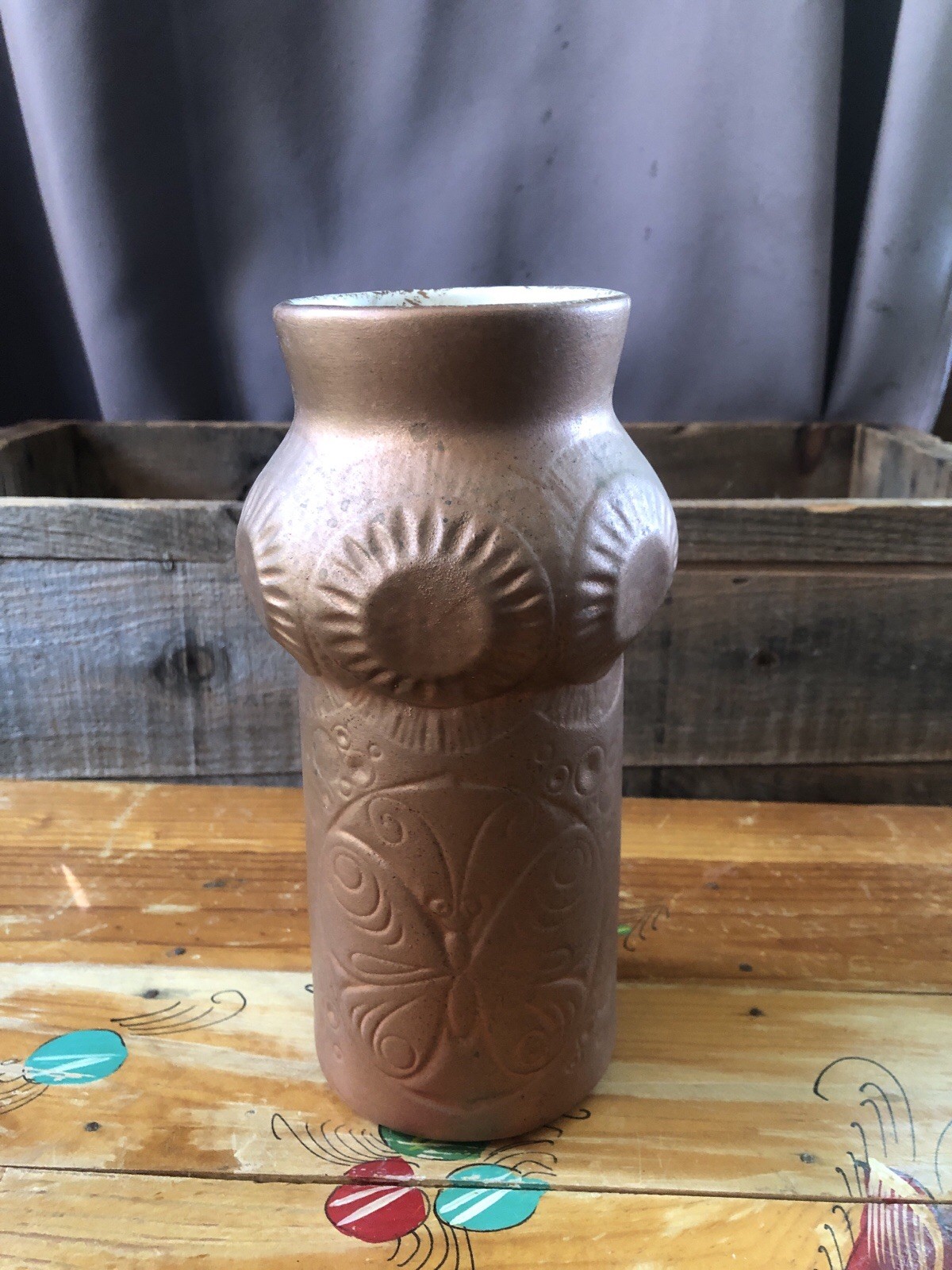 Vintage McCoy Pottery Scandia Vase (Model #620) butterfly sunburst copper glaze