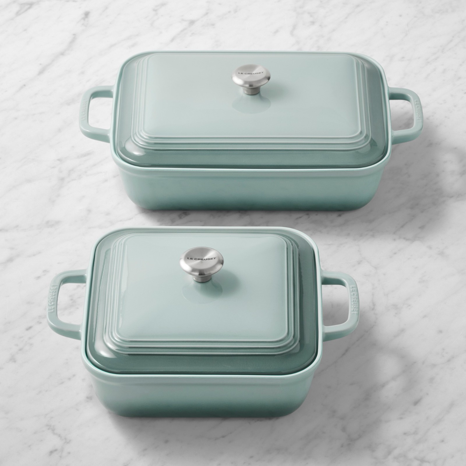 Le Creuset San Francisco Covered Baker Set 4 Pc Sea Salt Stoneware New