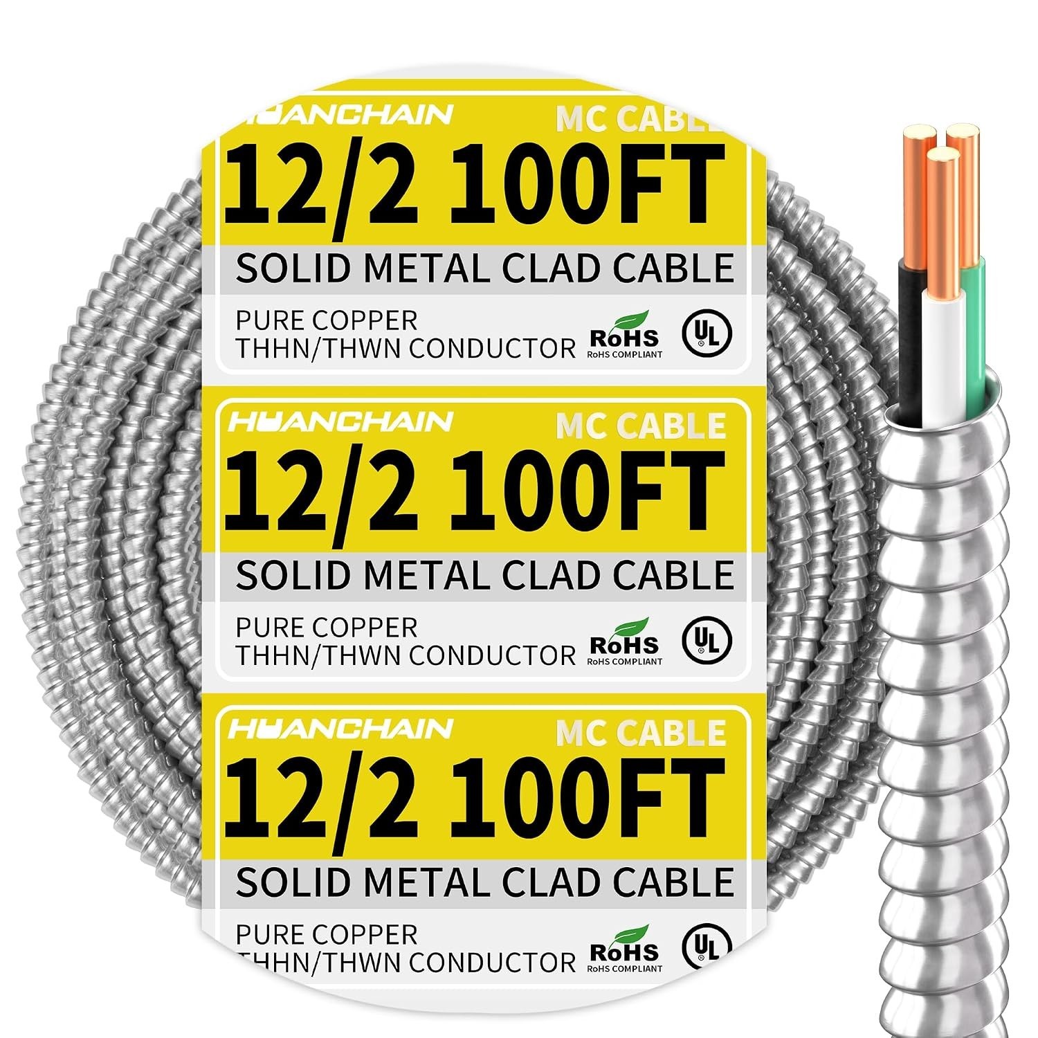 ⚡ 12/2 MC Cable 100FT Solid Copper Wire, Aluminum Armor, 600V, UL Listed ⚡ 12/2 MC Cable 100FT Solid Copper Wire, Aluminum Armor, 600V, UL Listed
