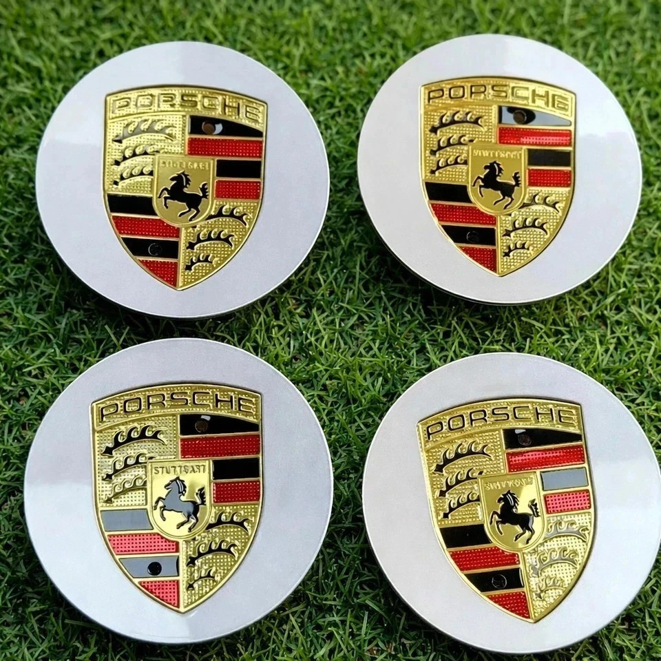 4 Porsche Silver Center Caps Concave 76mm Royal Crest 992 cayenne ,911, Carrera,