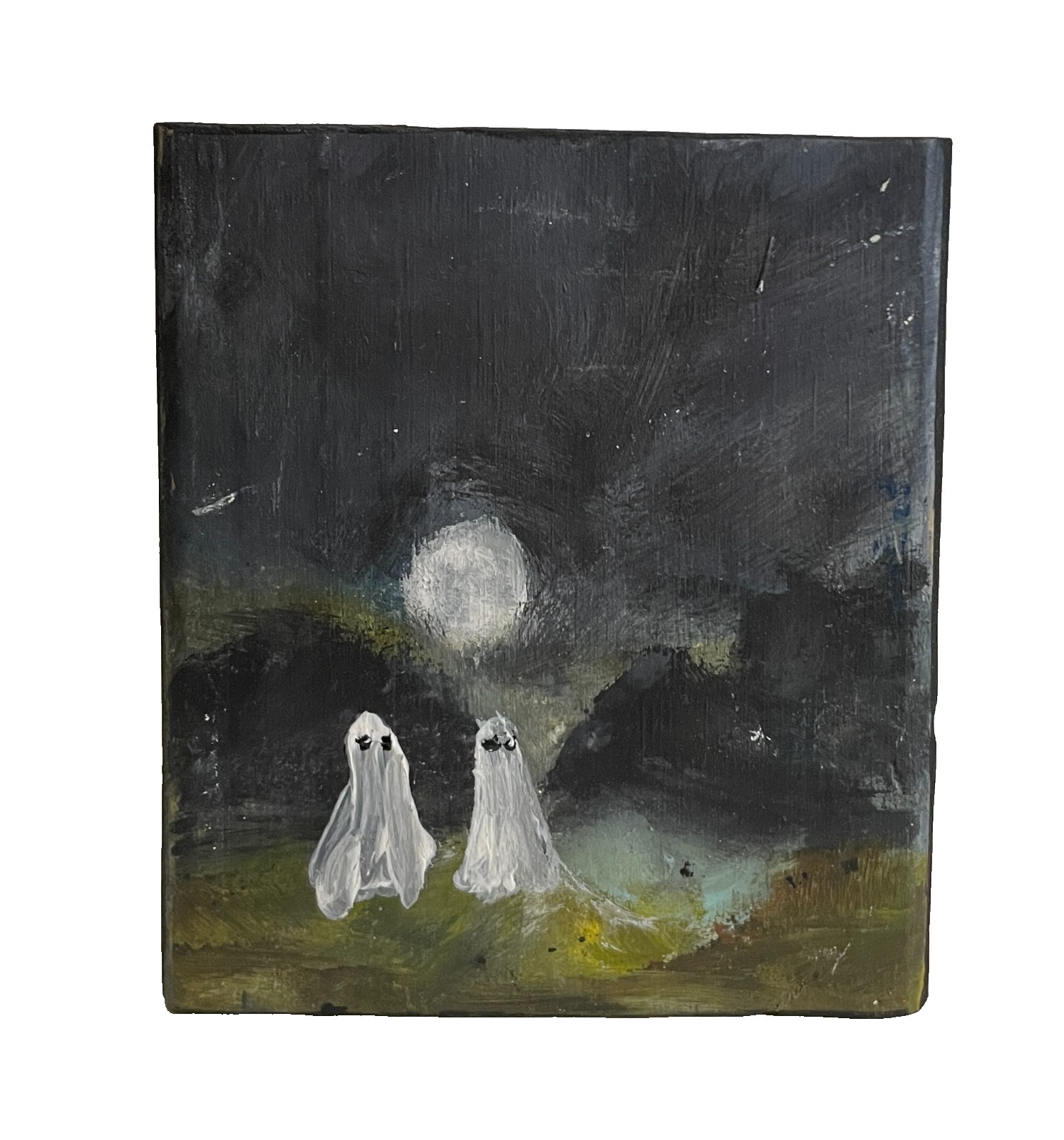 Hand-painted Spooky Ghost Duo Mini Art Block Original Night Scene