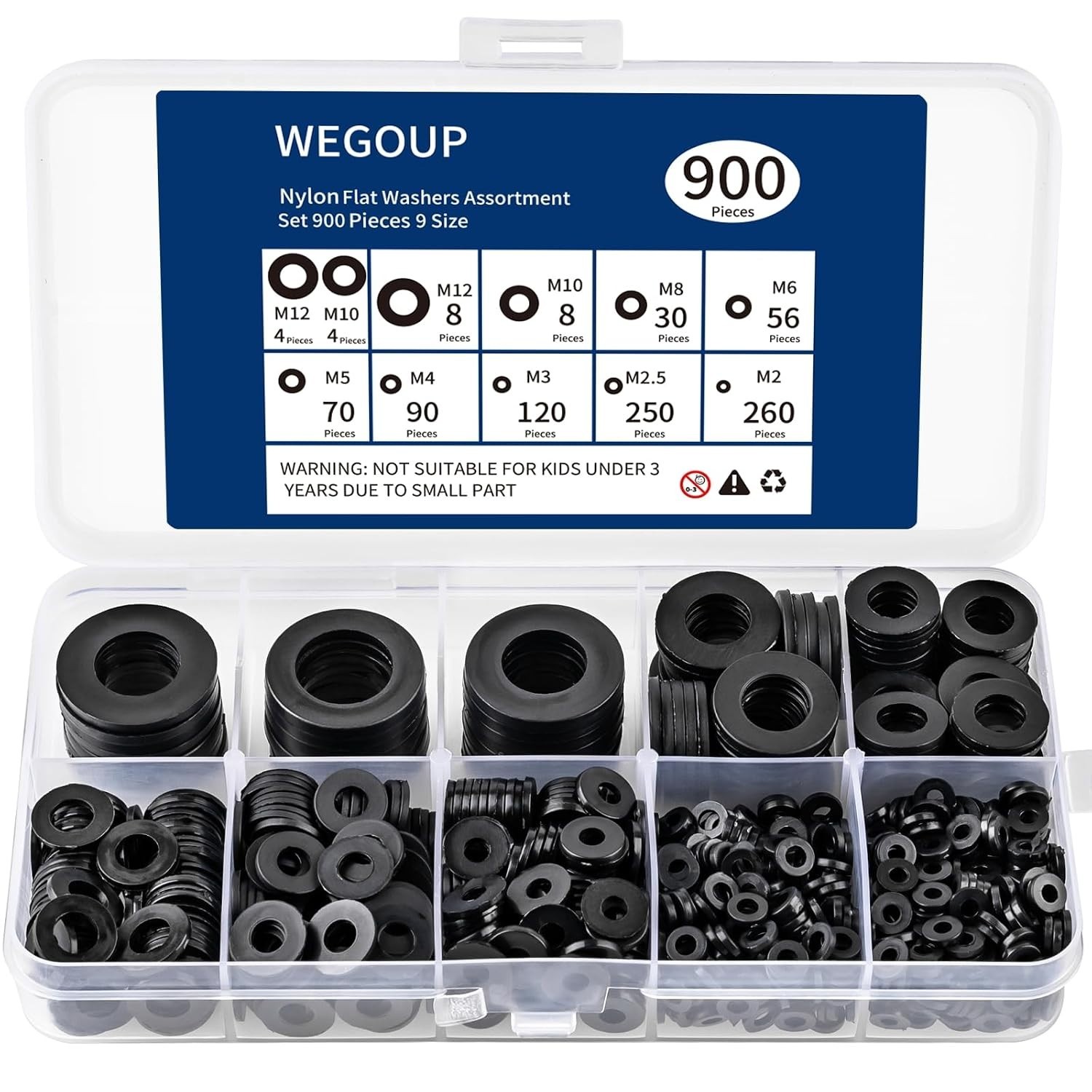 900 Piece Nylon Flat Washer Assortment Kit Black Plastic Flat Washers