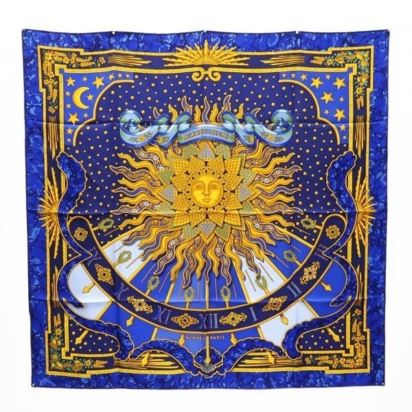 HERMES CARPE DIEM Carre 90 Scarf Silk Sun Moon Gold blue
