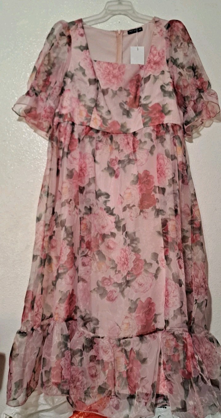 Shein Curve Purple Pink Floral Maxi Dress 2XL Smocked Puff Sleeve Cottagecore