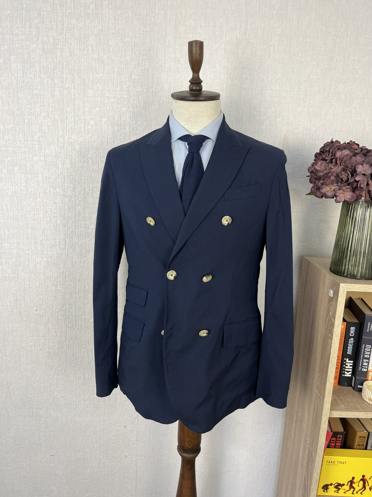 Hackett Mayfair Ing Loro Piana Dark Blue Wool Cotton Double-Breasted Blazer 40